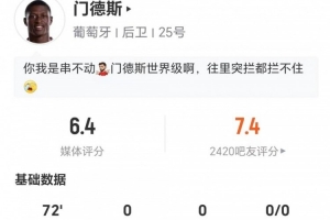 门德斯此役无射无关键传球 12次对抗5次成功+3次造犯规3次被过 得分6.4
