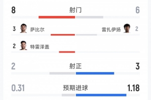 埃及对伊朗半场数据：射门比8-6，射正比2-3，得分机会比0-3