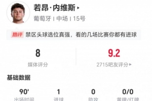 内维斯此役1射1传+关键传球 5次长传4次成功+4次对抗3次成功 得到8分评价