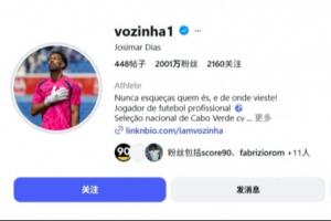 佛得角门将沃齐尼亚粉丝数激增400倍，世界杯前粉丝量达2000万，曾仅5万