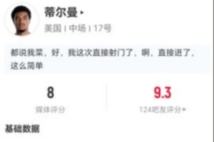 蒂尔曼贡献2射1正、1球和1关键传球，15次对抗成功9次，长传1次成功，获8分领跑