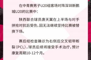 10球5助！唐天翼U20赛事后交叉韧带断裂，伤停10-12月，数据巅峰时刻定格