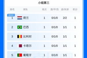 前八名出线!小组前三名:荷兰、巴西、比利时、葡萄牙、西班牙位列前八